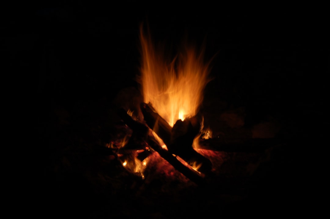a fire is lit in the dark with bright flames